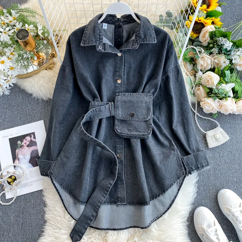 

sense is small crowd's mind, open back Denim shirt women's design lace up waist shows thin and fashionable,