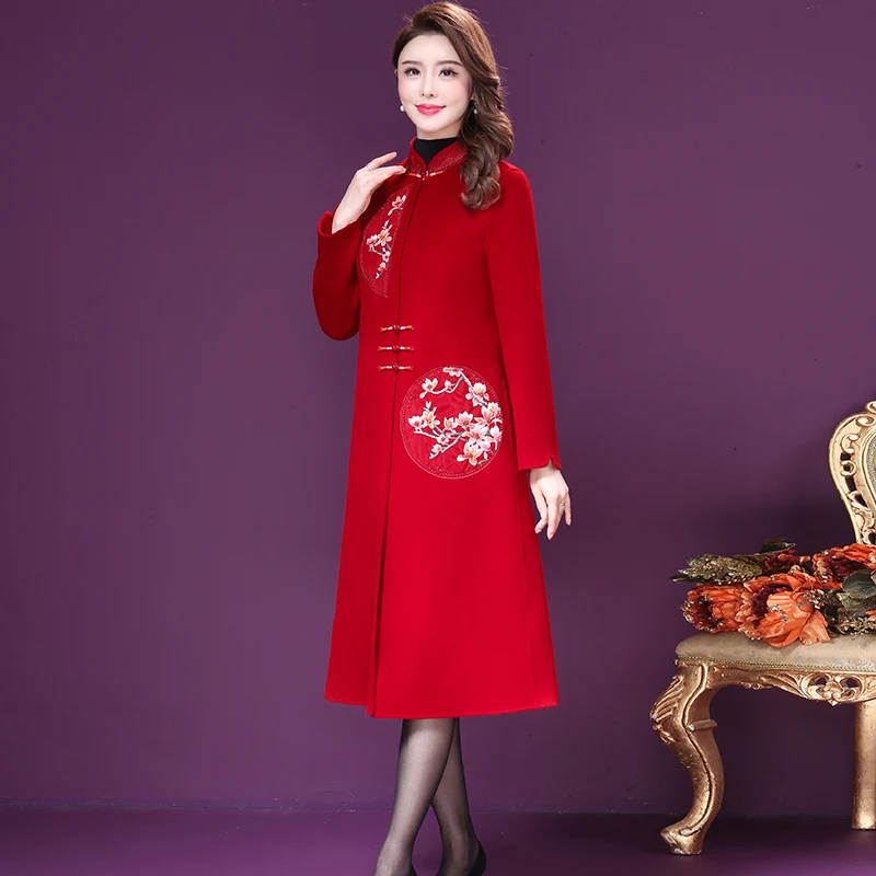 Осень-зима 2021 женское длинное красное шерстяное пальто с вышивкой женская