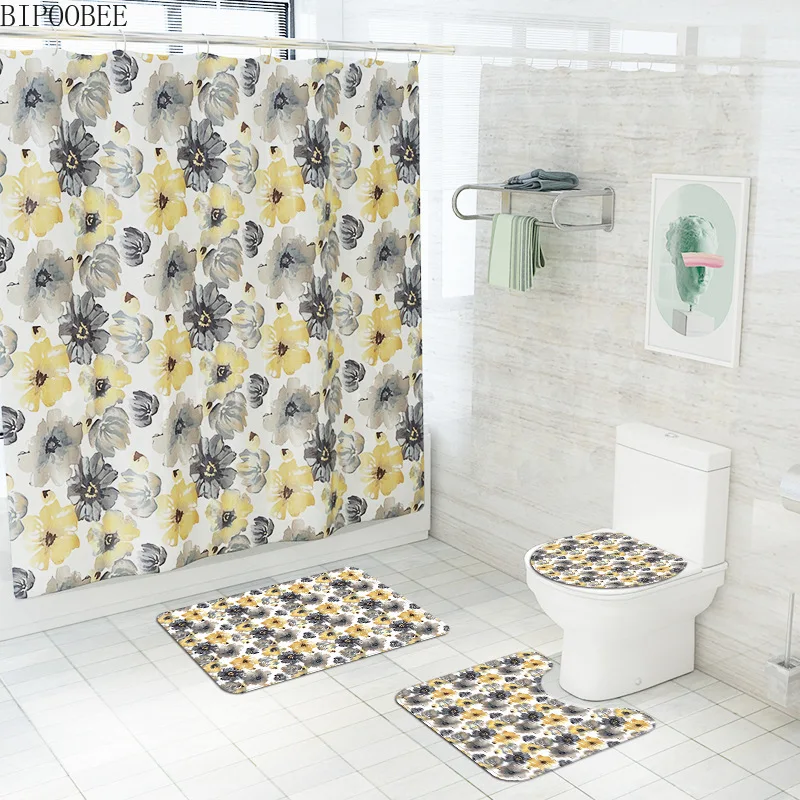 

Nordic Flower Shower Curtain Waterproof Polyester Frabic Bathroom Curtains Bath Mat Set Non-Slip Pedestal Rug Toilet Cover Mats