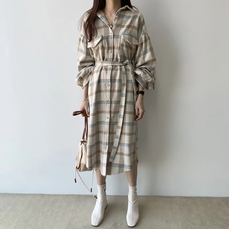 

Johnature 2023 Autumn New Korean Plaid Women Irregular Loose Dresses Turn-down Collar Lantern Sleeve Bandage Female Dress