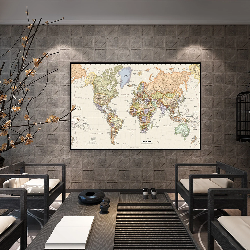 

60*40cm The World Political Map with Details Retro Canvas Painting Wall Art Poster School Supplies Living Room Home Decor