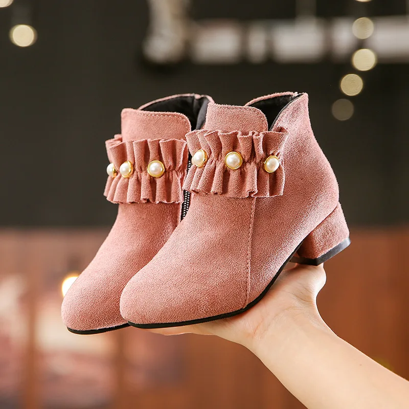 

Girls Princess Pearl Boots 2021 Winter New Style Fashion Plus Velvet Cotton Boots High-heeled Short Boots Warm for Party Wedding