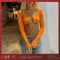 knitted long sleeve crop top women 2022 v neck open front sexy woman t shirts club party y2k top spring autumn cropped sweater