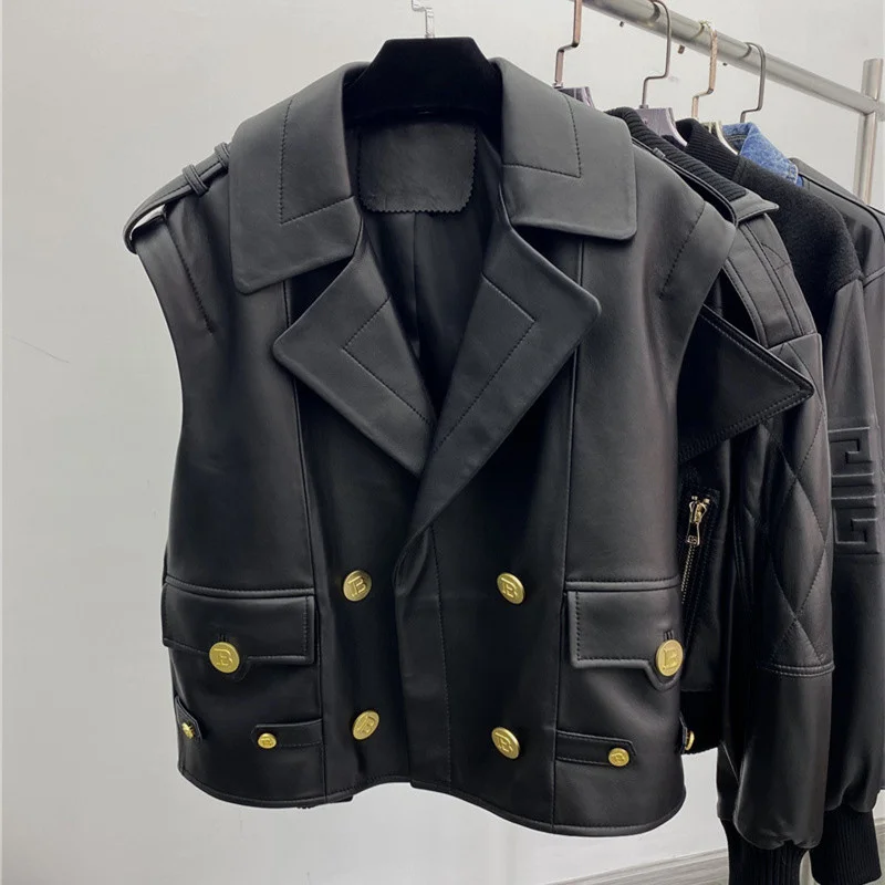 2022 Genuine Leather Jacket Women Short Fashion Gold Button Design Motorcycle Biker Zipper Natural Sheepskin Coat