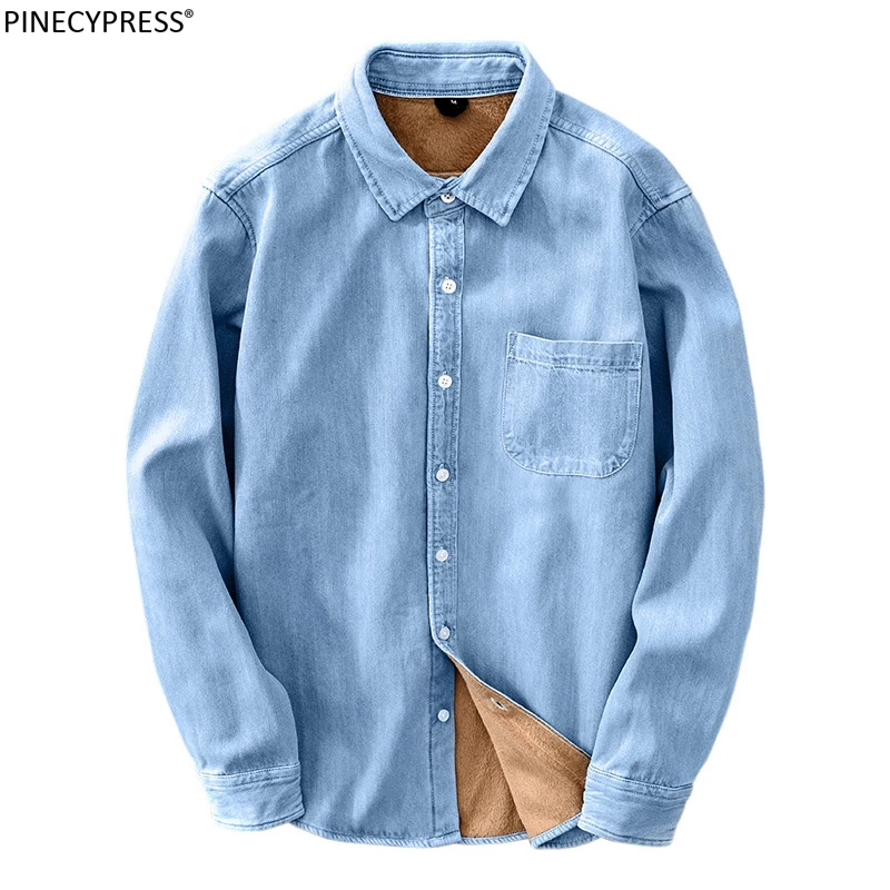 

100% Cotton Quality Thick Warm Fleece Man Denim Autumn Winter Turn Down Collar Long Sleeve Male Casual Jean Men Cowboy Shirts