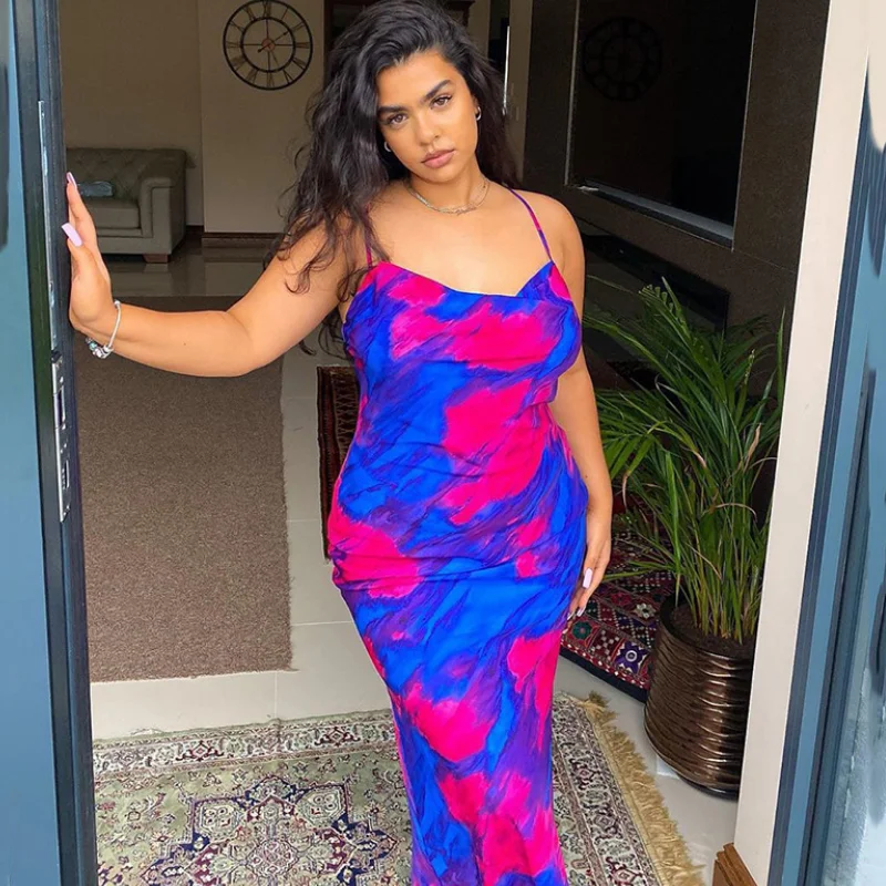 

Летнее женское платье с принтом, сексуальное синее платье макси на бретельках с открытой спиной без рукавов, женская одежда, вечерние платья, новинка 2021