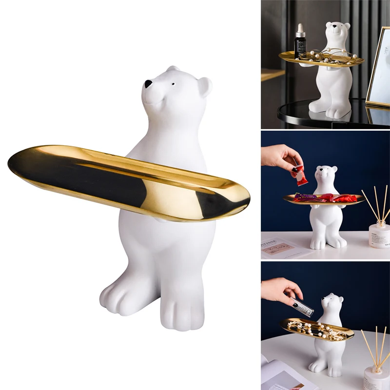 

Key Storage Tray Cute Animal Shape Sculptures Resin Polars Bear Storage Statue Entrance Snack Small Object Storage Tray B88