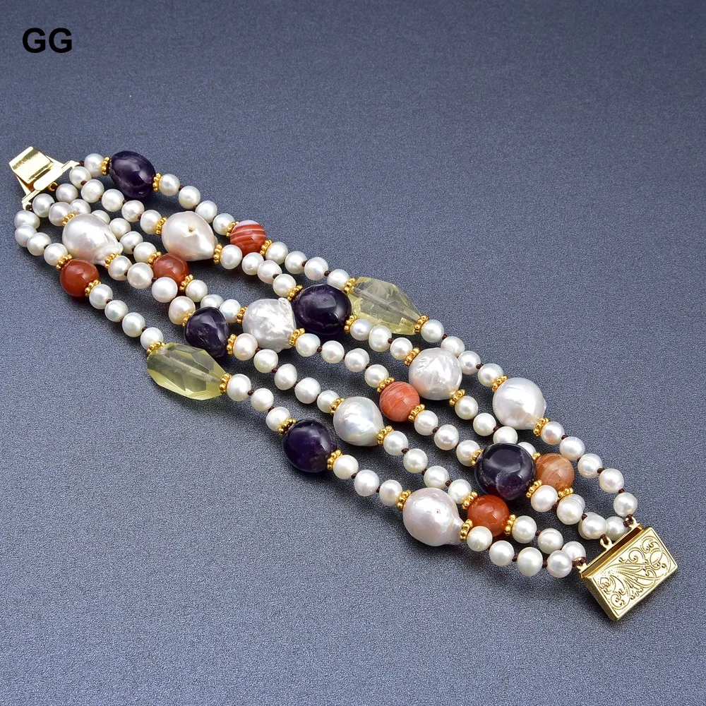 

GuaiGuai Jewelry Natural White Round Freshwater Pearl Keshi Pearl Bracelet Genuine Multi Stone Nugget Bracelet For Women
