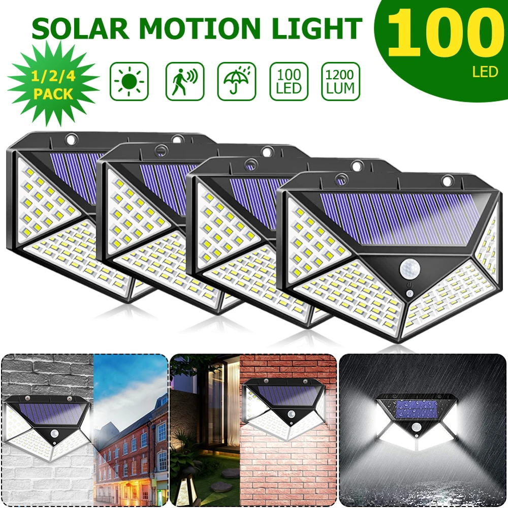 Открытый 100LED 1200LM солнечный светильник Водонепроницаемый 4-сторонняя лампа на солнечной энергии солнца светильник двор безопасности супер яркий светодиодный светильник широкоугольного освещения