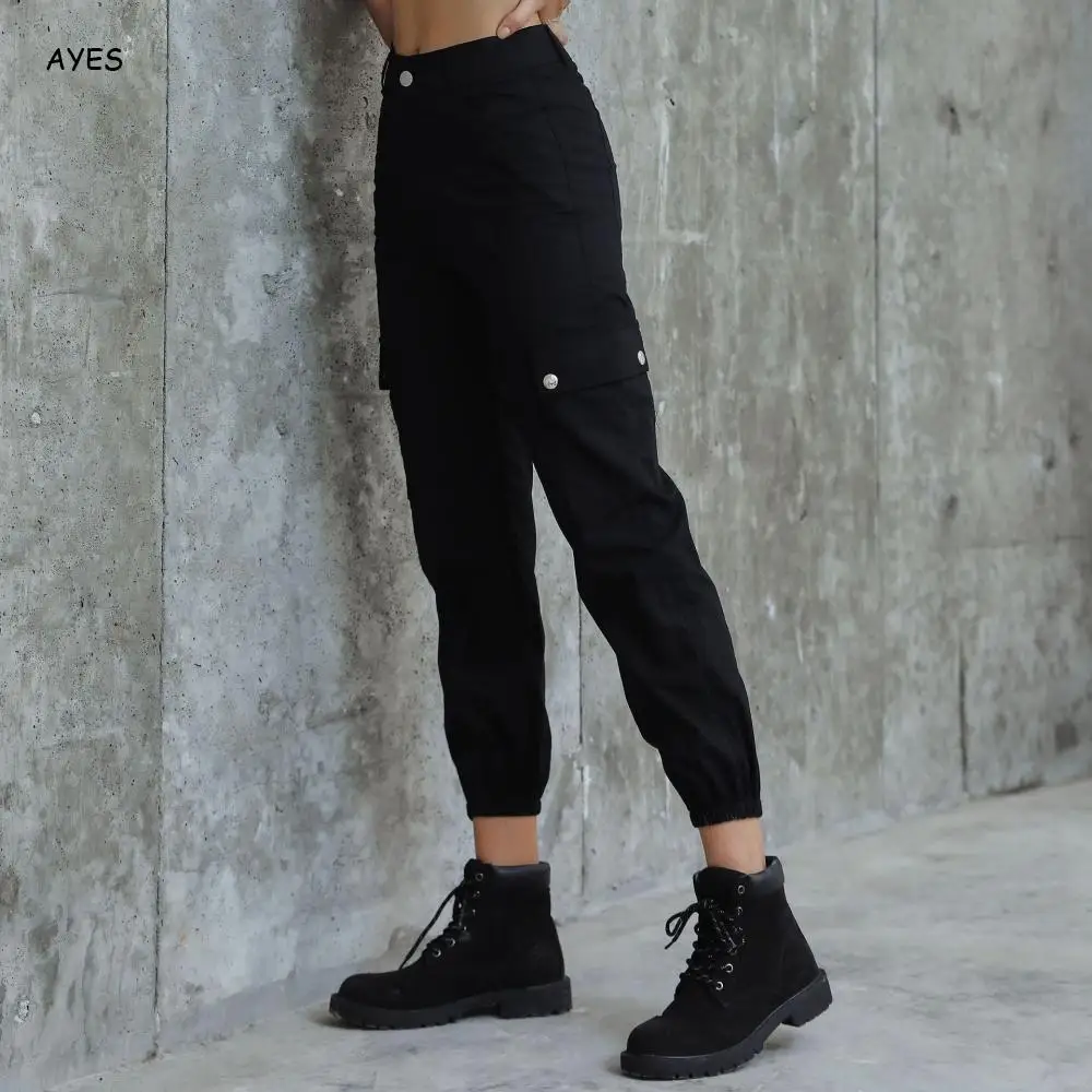 

2019 Women Black Cargo Pants High Waist Loose Joggers Women Casual Solid Pockets Trousers Autumn Winter Streetwear Female Pants