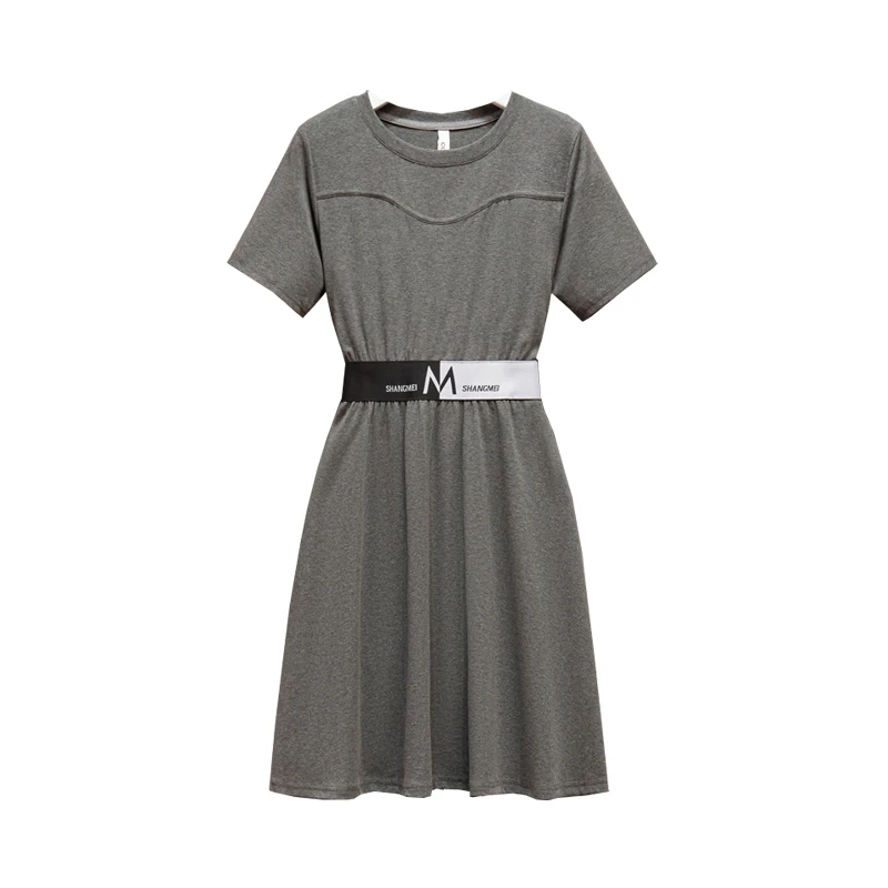 

EHQAXIN Summer Plus Size Women's Stretch Cotton Short-Sleeved Dress Fashion Round Neck Waist Pullover Long Dresses Female L-4XL