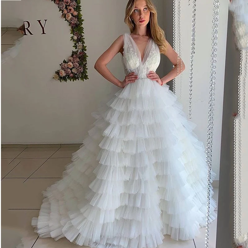 

Verngo 2020 New Vestido de noiva A Line Modest Wedding Dress Layers Organza V Neck Princess Wedding Gown Custom Bride Dress