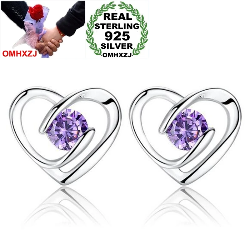 

OMHXZJ Wholesale Heart Romantic Fashion OL Woman Girl Wedding Gift White & Purple Zircon 925 Sterling Silver Stud Earrings YS457