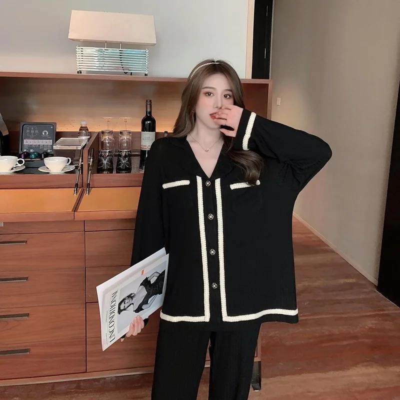 QWEEK Women Pajamas Autumn Winter Home Wear Combed Cotton Pijamas V Neck Long Sleeve Trousers Pyjamas Pijamad De Mujer Roomware