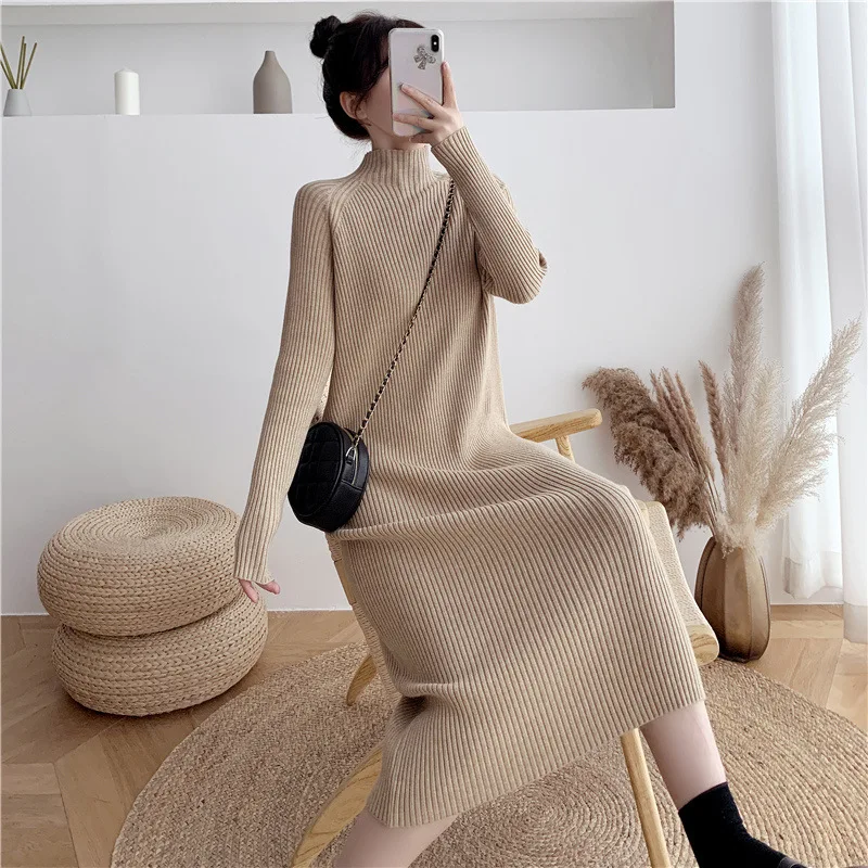 

Tchaoha Mid-Calf Long Knitted Dress Women Elegant Long Sleeve Mock Neck Sweater Dress Autumn Women's Turtleneck Winter Clothes