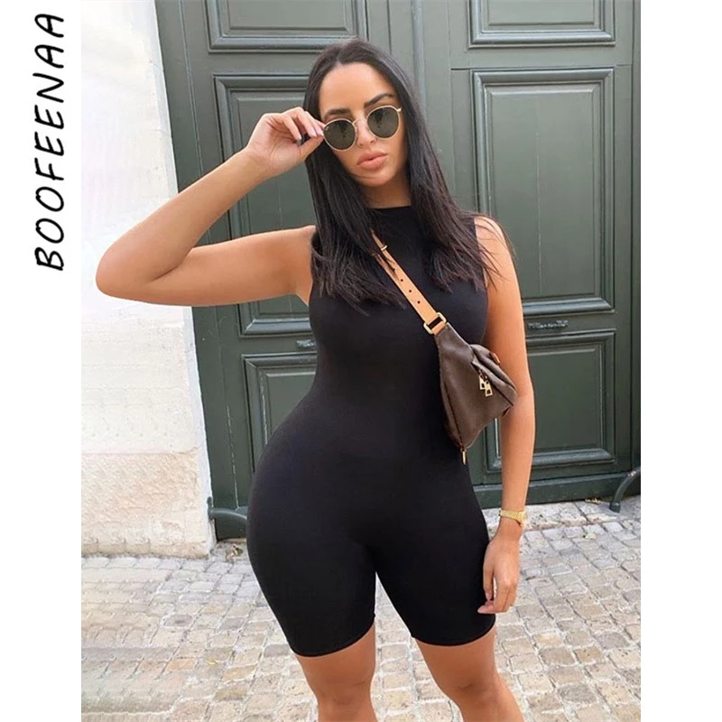 

BOOFEENAA Sexy Black Sleeveless Biker Shorts Rompers Womens Jumpsuit Summer 2020 One Piece Playsuit Bodycon Tracksuit C87-BZ16