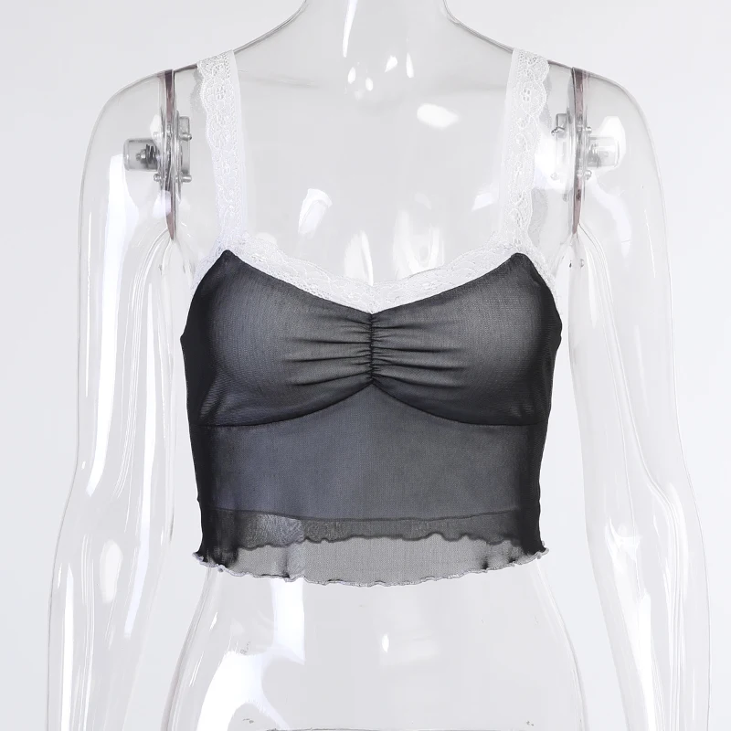 

InstaHot Sexy Mesh Camis Women Crop Top Transparent Lace Patchwork Slim Soft Club Streetwear Casual Vintage Tank 2021 Summer Top