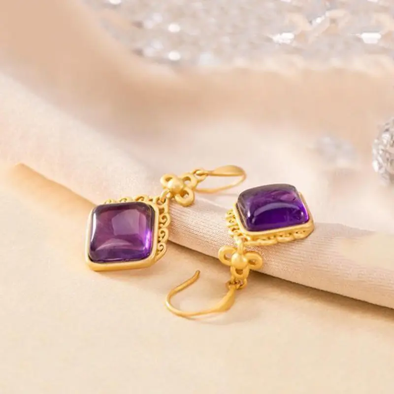 S925 Sterling Silver Gold-Plated Natural Hetian Jade Personality Pattern Geometric Women's Elegant Earrings Eardrop Earring New |
