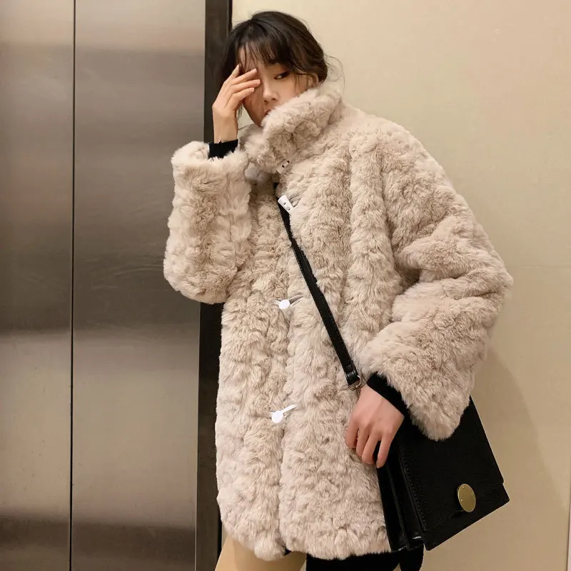 2021 Winter Women Wool Fur Coat Thick Warm Jacket Women Casual Loose Horn Button Coats Pocket Overcoat Femme Tops Streetwear