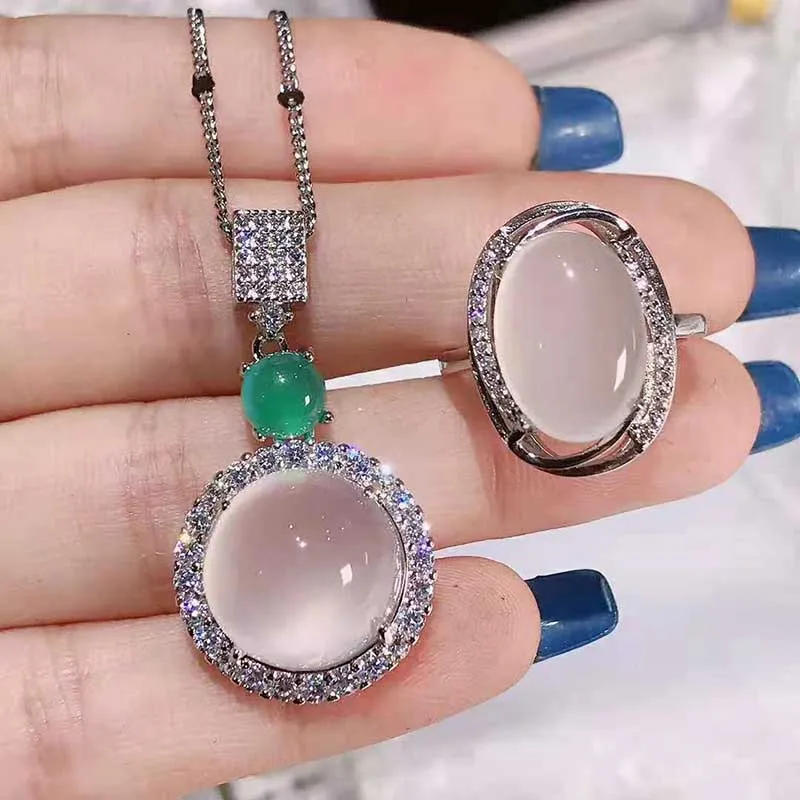 Кольцо из натурального агата ледяного нефрита Женское кольцо стерлингового