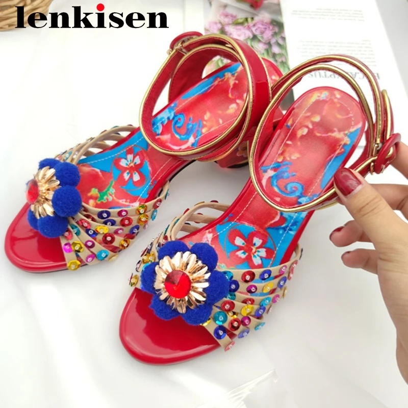 

Lenkisen large size korean streetwear cow patent leather classics ethnic style thick high heels ankle straps mature sandals L8f1