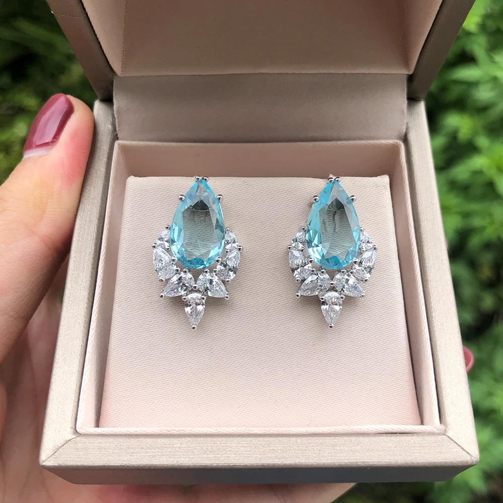 Aquamarine Wong Rain стерлингового серебра 925 груша Изумрудный сапфир Аквамарин полудрагоценный камень бриллианты серьги-гвоздики ювелирных изделий - Цвет камня: Aquamarine