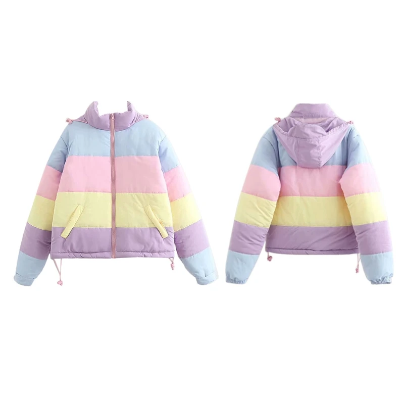 

Women Winter Padded Puffer Thick Warm Jacket Rainbow Stripes Hooded Long Sleeve Coat Harajuku Drawstring Loose Full Zip Outerwea
