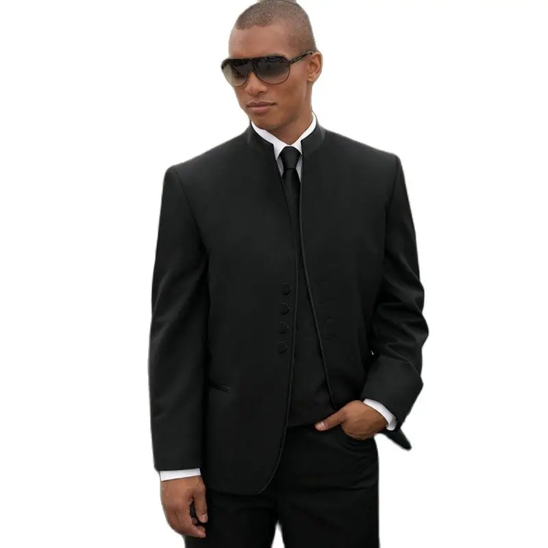 Stand Collar Black Men's Evening Dress Toast Business Suit Prom Clothes Groom Tuxedos Customize(Jacket+Pants+Vest+Tie) K:147