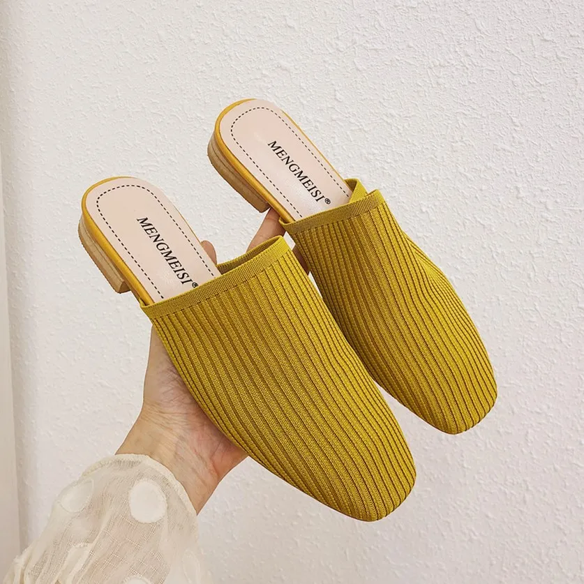 Мюли SLHJC женские на низком квадратном каблуке вязаная ткань стрейч без застежки