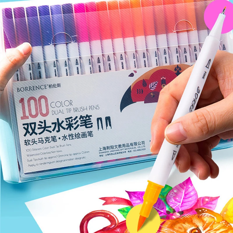 

48/60/72/100 Color Dual Tip Watercolor Markers Drawing Painting Set Professional Water Coloring Brush Pen For School Art Supplie