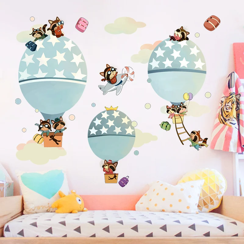 

Cartoon Raccoon Animal Wall Stickers Kids Room Baby Room Bedroom Wall Decoration Balloons Art Decal Home Decor 2021 New Year