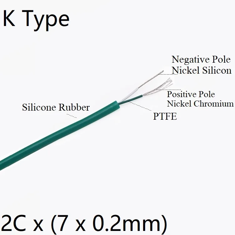 

K Type Thermocouple Wire 2Cores OD 3.5mm PTFE Insulated Soft Silicone Rubber Protector Waterproof Compensation Cable Green