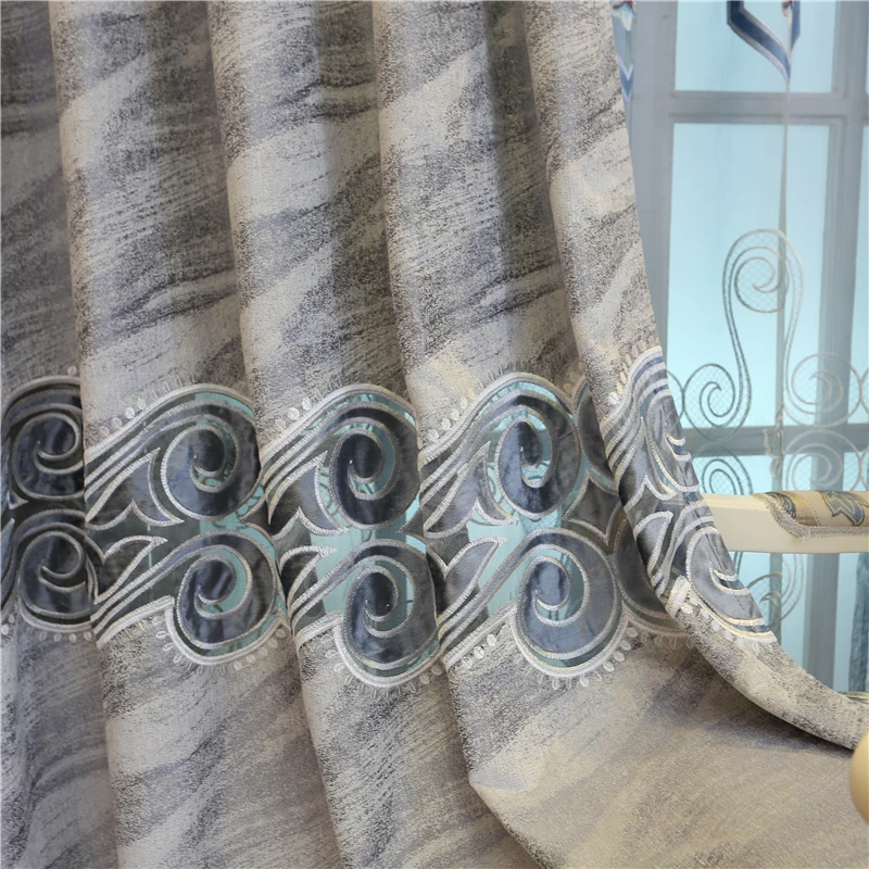 Современные роскошные серые шенилловые занавески с вышивкой для гостиной окна