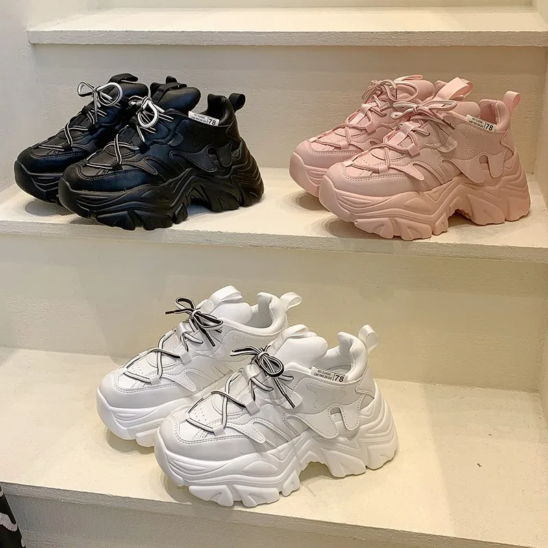 

Женские кроссовки из вулканизированной кожи, черные повседневные кроссовки на массивной платформе, лето 2021