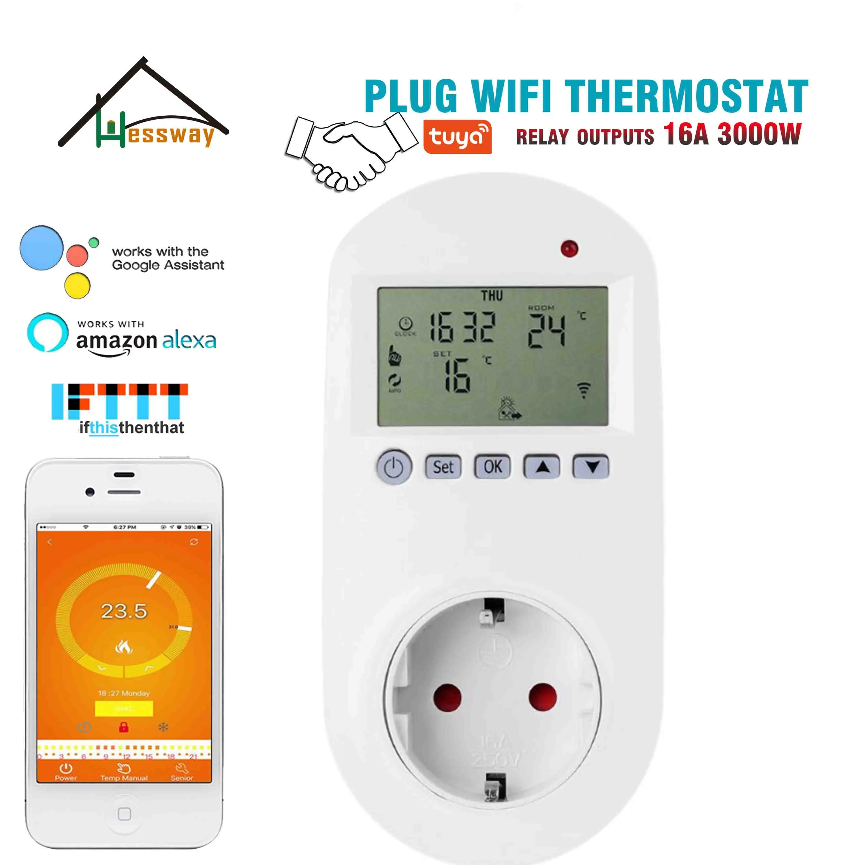 HESSWAY TUYA 16A 3 кВт Wi Fi термостат smart plug EU для электрического подогрева пола|Запчасти