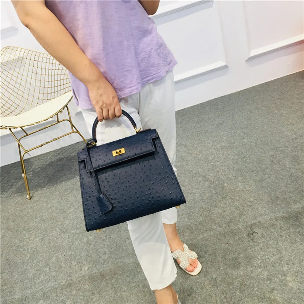 

Gold lock Classic Ostrich leather Women bags handbags luxury designer totes top handle bags Genuine cowhide leather H brand bag