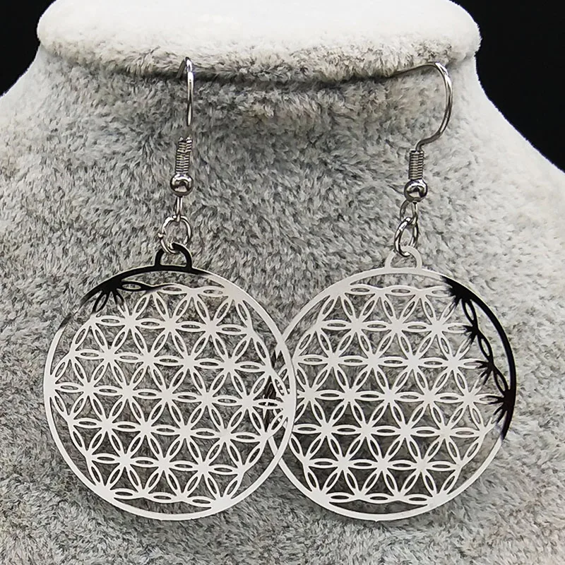 Flower of Life Stainless Steel Dangle Earrings Women Silver Color Earring Jewelry joyas de acero inoxidable para mujer E1534S02 | Украшения