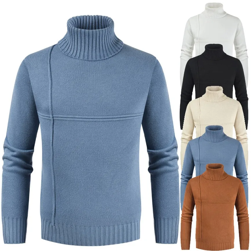 Весенний теплый мужской свитер с высоким воротом модный однотонный вязаный 2019