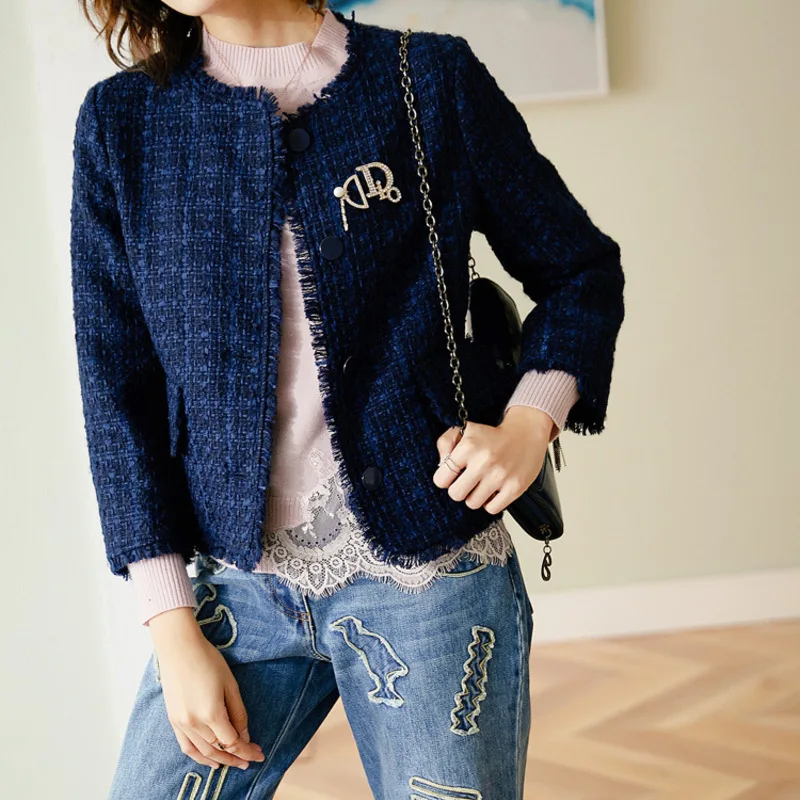 

coat New Blue tweed son brief paragraph cardigan fashion female short coat can customized big size