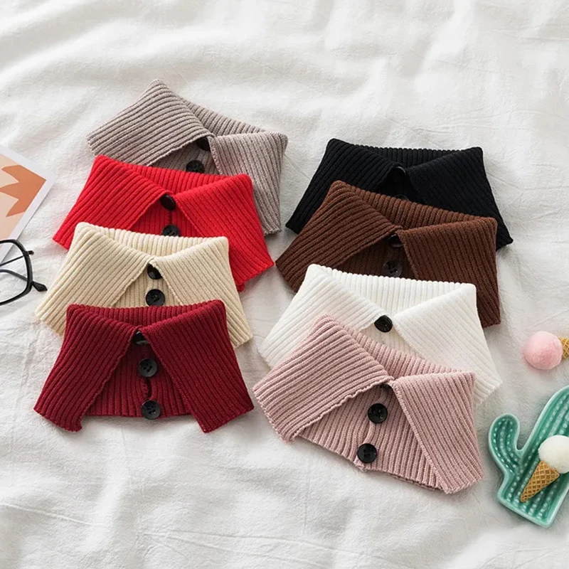 

Korean Solid Color Wool False Collar Women Scarf Winter Knit Buttons Polo Collar Pullover Elastic Neck Protector Warm Scarve T57