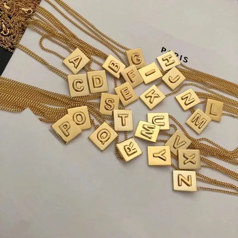 

New 26 Letter Square Pendant Necklace Charm Women's Necklace Gold Plated Collarbone Chain Hip Hop Jewelry Birthday Party Gift