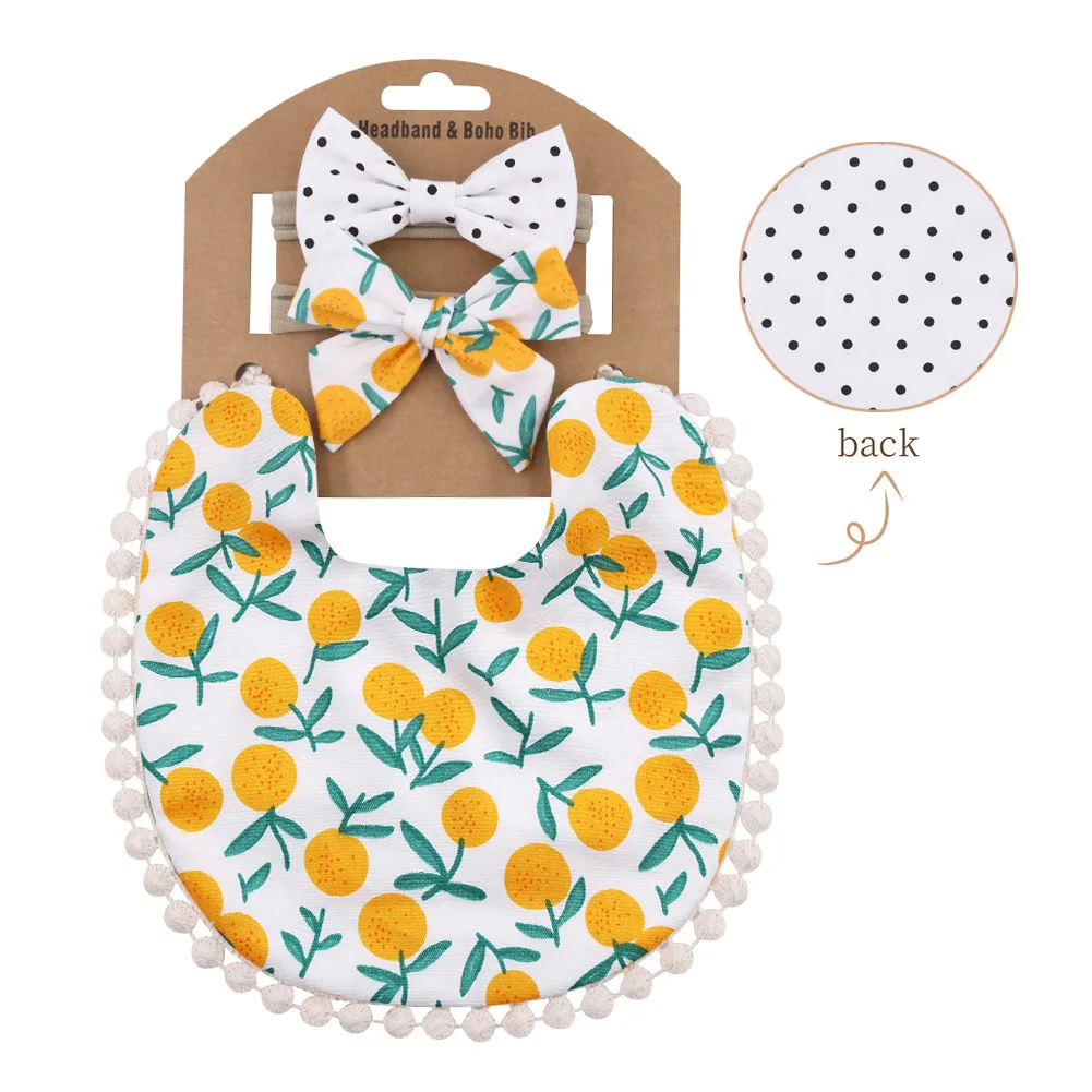 

New Ins Fresh Baby Double-sided Printing Saliva Towel Baby Headband Children's Cotton Bib Saliva Towel Hair Accessories Set