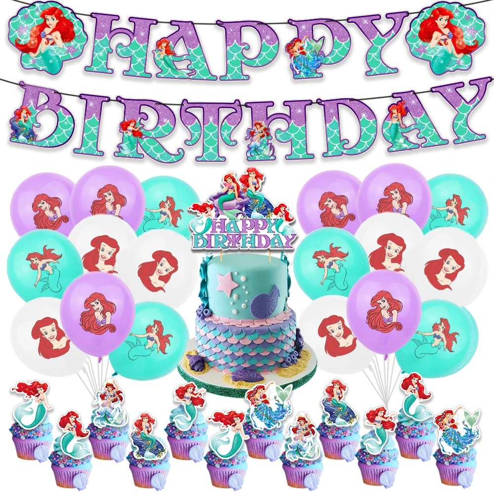 Disney Mermaid Princess Balloons Set Ariel Princess Happy Birthday Banner Cake Topper Baby Shower Party Decorations Kids Toy