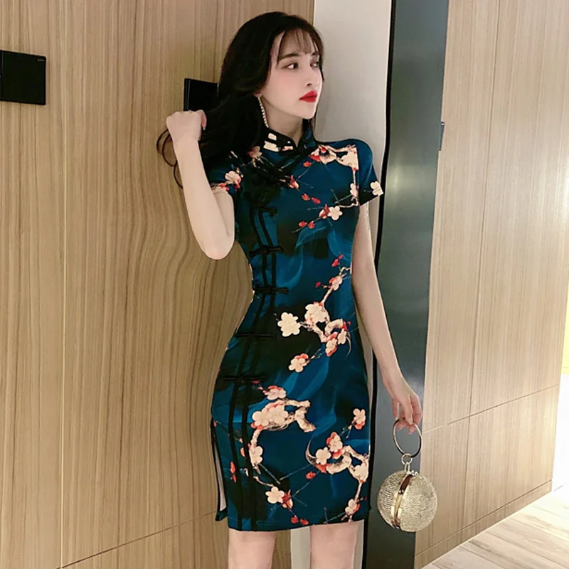 

Gegejia Summer Retro Chinese Style Elegant Slim Fit Improvement Cheongsam Short Dress Sexy Floral Sheath Dress