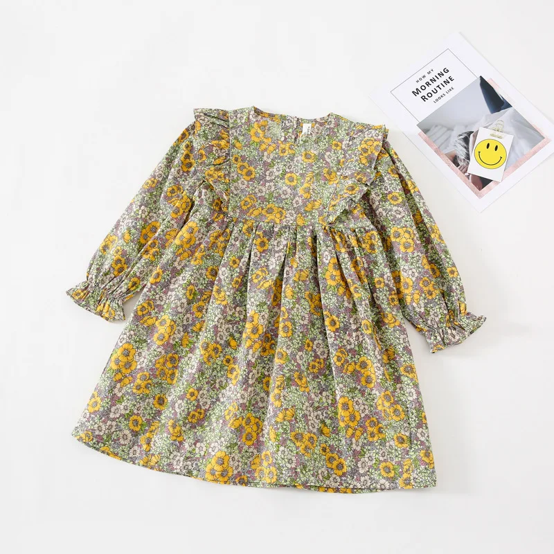 

Autumn New Arrival Korean style cotton hot selling flowers pattern long fly sleeve princess dress for cute sweet baby girls