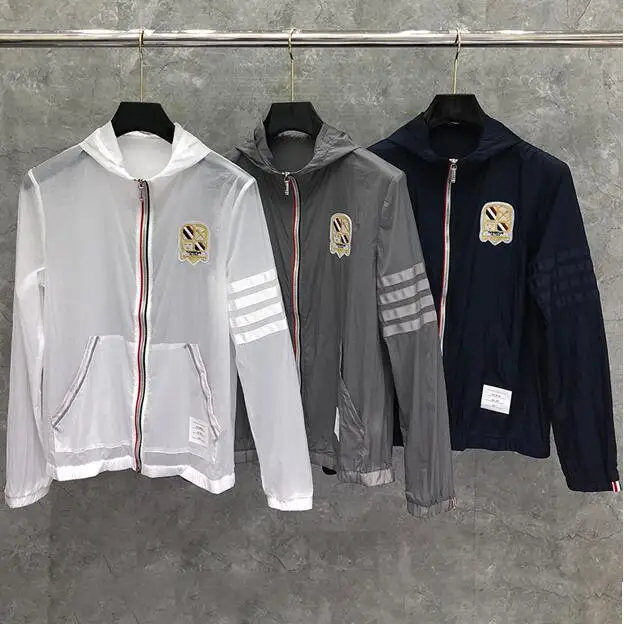 

2021 Fashion TB Brand Jacket Men Thin Sun-Protective Summer Sports Coat Breathable Striped Casual Hooded Skin Windbreaker
