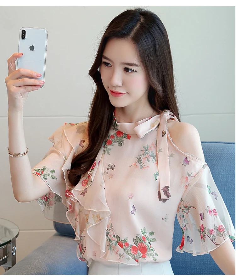 Модные женские топы и блузки Розовая Шифоновая Блузка с принтом рубашка летние