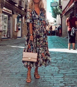 Women Bohemian Seaside Vacation Vintage V-neck Print Short Sleeve Beach Dress arty Dress Ladies Fashion Long Sleeve Dresses