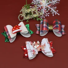 Oaoleer Pinzas para el pelo con purpurina para niña, pasadores con lazo para el pelo de reno, sombrero de Navidad, Clips de pico de pato, accesorios para el pelo de bebé, 3" (3)