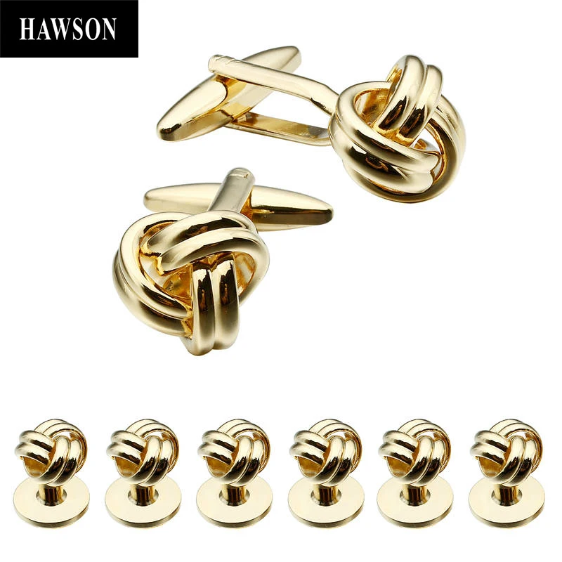 

HAWSON Gold Tone Knot Cufflinks and Tuxedo Studs for Men Wedding Shirt, Mens Cuff Buttons for French Cuffs, Mens Accessories